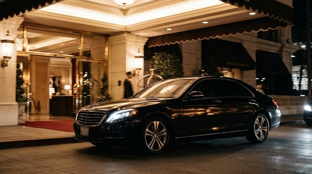 A black sedan pulling up under a hotel canopy at night