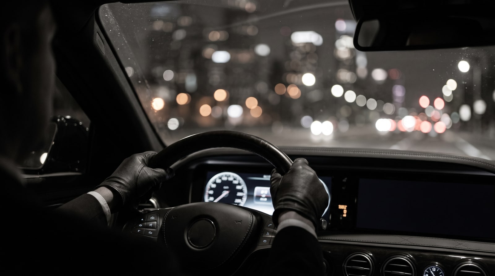 A chauffeur at the wheel, city lights through the windscreen at night