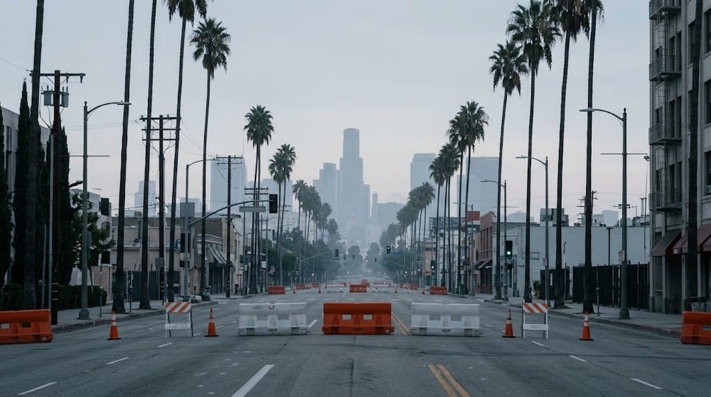 A Los Angeles boulevard closed with barriers at dawn