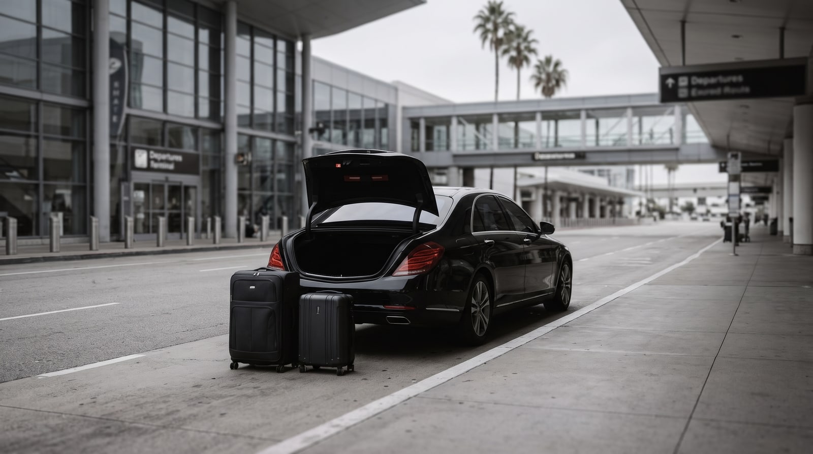 A black sedan at the LAX departures kerb with luggage beside the open boot