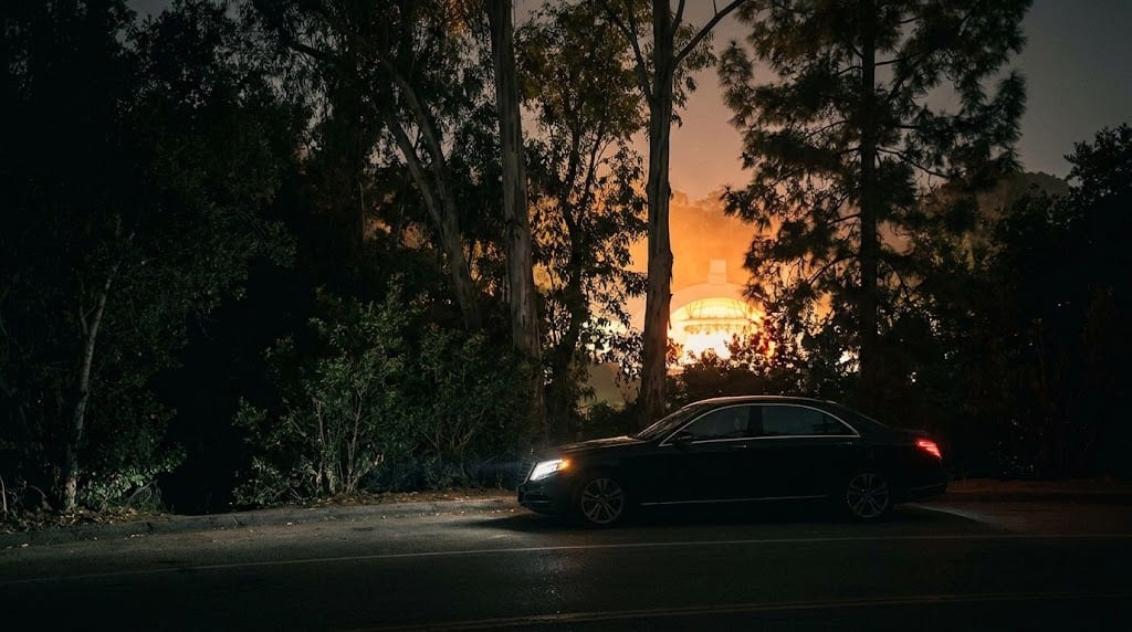 A black sedan waiting on a Hollywood Hills road at night, concert lights beyond the trees